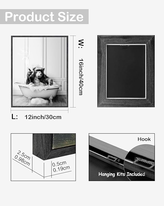 KBKBART Framed Canvas Wall Art, 12x16 Inch Funny Canvas Chimpanzee in Bathtub Bathroom Picture, Black and White Bathroom Wall Art Decor, Cute Humor Animals Wall Decor Signs