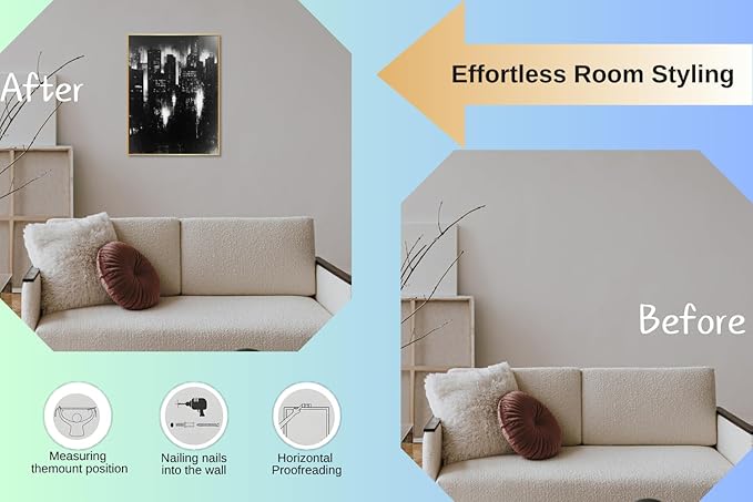 Abstract Cityscape Wall Art, Modern Urban Night Skyline Canvas Painting, Contemporary Expressionist City Decor (Gold, 29" W x 39" L / 75x100cm, Framed)