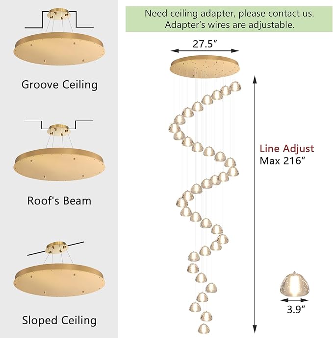 36 Light 216'' Long Large Crystal Chandeliers LED Chandeliers for High Ceiling Handing Light Fixture for Entrance Hallway Foyer Staircase Lobby Gold
