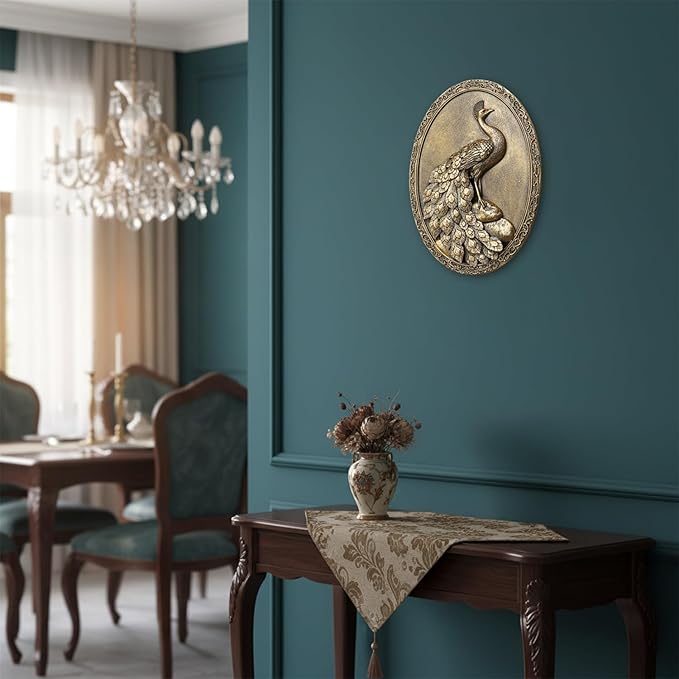 Newinhome Vintage Peacock Wall Sculpture Antique Wall Decor, Hand Painted Wall Decoration with Embossed Peacock Design, Gold Decor for Bedroom Living Room Hallway, Housewarming Gift