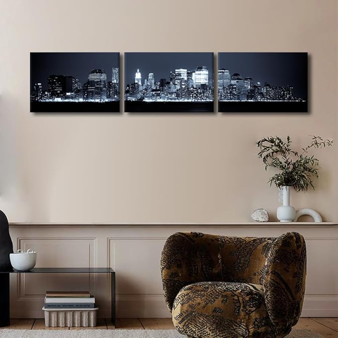 New York Skyline Canvas Wall Art Manhattan Wall Art for Living Room Cityscape at Night Pictures for Bedroom Modern Home Decor Office Bathroom Decorations Artwork Framed Ready to Hang 14x60 Inch