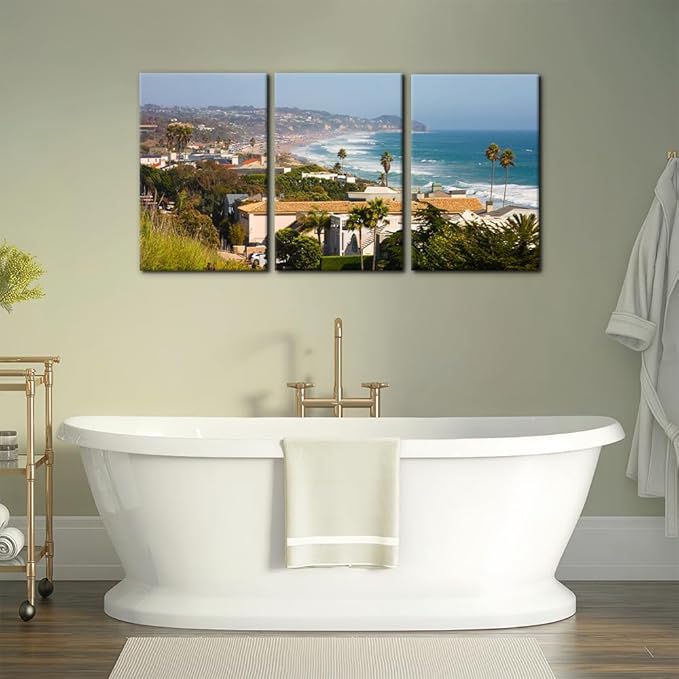 Pacimo Canvas Wall Art for Living Room - Malibu Cityscape Pictures Painting Prints California City Skyline Modern Artwork for Home Office Wall Decor Stretch Framed Ready to Hang - 20"x28"x3 Panels