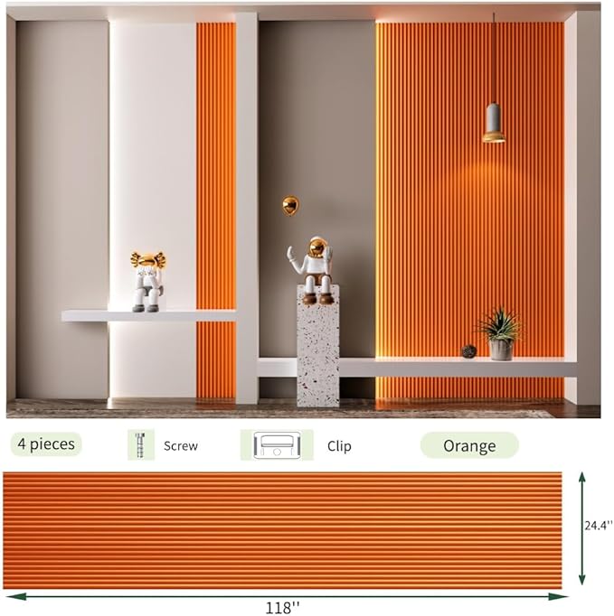 4PCS 3D Acoustic Slat Wall Panels Circle Design Fluted Textured Panel for Interior Wall Decor 118"x6" (Orange)