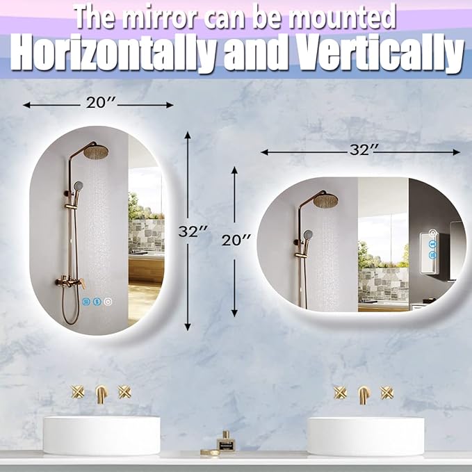 32 x 20 Inch Backlit Oval Lighted Mirror for Bathroom Wall Mounted 32" Frameless Oval LED Vanity Mirror with Lights AntiFog Smart Memory 3 Color Dimmable Backlits Ovals Mirrors