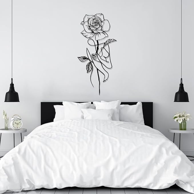 Metal Rose Wall Decor, Abstract Woman Metal Wall Art, Metal Minimalist Wall Art, Metal Line Art Wall Decor, Rose Wall Art, Floral Wall Art, Female Body Wall Art for Bathroom, Bedroom (Gold, 53"x26"/135x65cm)