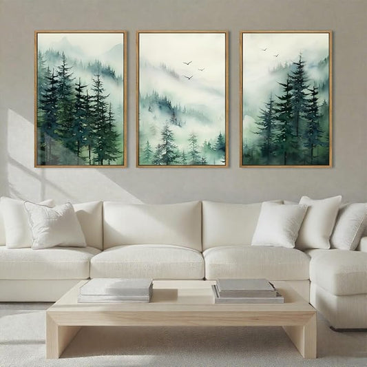Anyzal Large Foggy Forest Wall Art Decor Framed Abstract Misty Mountain Artwork Prints for Living Room Bedroom Office 16x24 Inch Set of 3