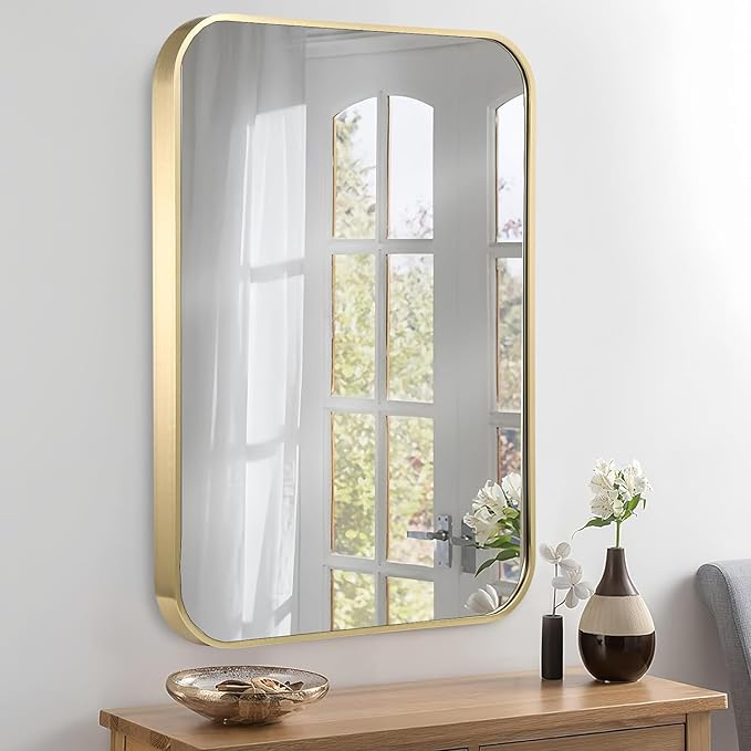 16x24 Inch Gold Bathroom Mirror, Brushed Brass Gold Metal Framed Rectangular Mirror with Rounded Corner, Wall Mounted Vanity Mirror for Bedroom or Living Room, Horizontal/Vertical