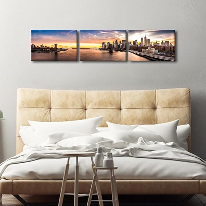 New York Cityscape Wall Art Painting on Canvas Brooklyn Bridge Panorama at Sunset Bedroom Wall Art Modern Home Decor House Decorations for Living Room Bathroom Pictures Framed Ready to Hang 14x60 Inch