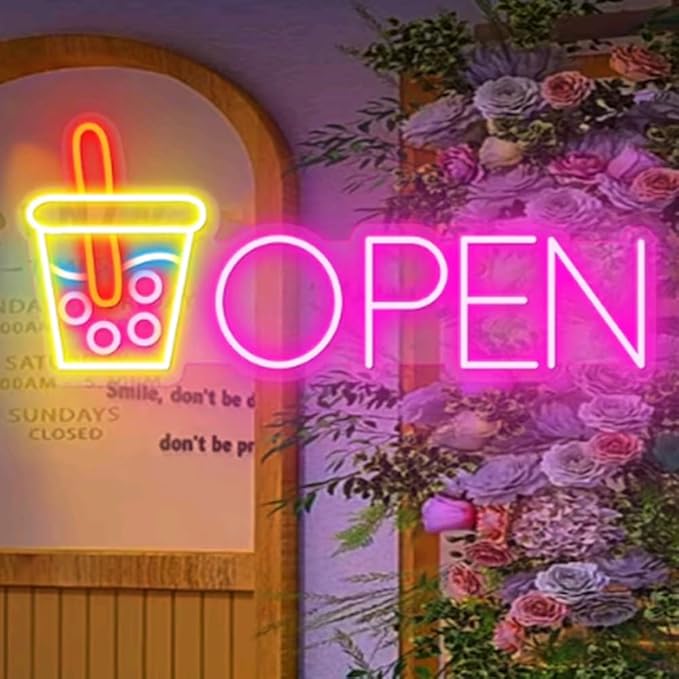 Open Sign| Led Boba Tea |Open Bubble Tea Neon Sign|Open Milk Tea Neon Sign|LED Neon light For Milk Tea|Milk Tea Wall Decor Sign Size:25inches