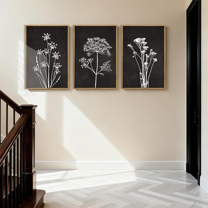 BINCUE Framed Botanical Wall Art Black Grey and White Plant Floral Print Canvas for Living Room Bedroom Office 3 Panel 16x24 Inches