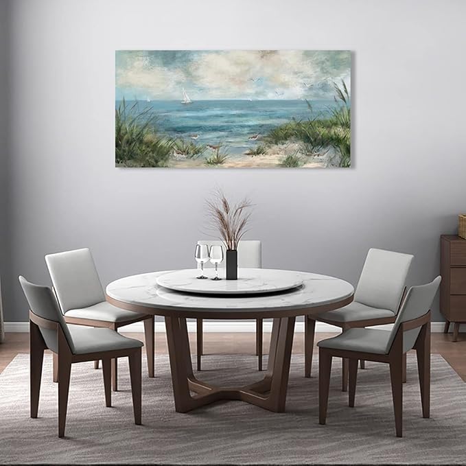 arteWOODS Sea Beach Canvas Wall Art Vintage Seascape Pictures Wall Decor Ocean Sailboat Seagull Prints Beach Bird Reed Painting Artwork for Living Room Bedroom Office Decoration 29" X 58"