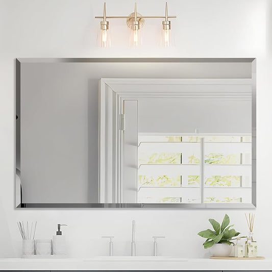 Beveled Mirror, 48"x30" Inch Beveled Frameless Mirror for Bathroom, Rectangular Beveled Edge Bathroom Vanity Mirror, Upgraded Shatterproof Wall Mirror, Hangs Horizontally or Vertically.