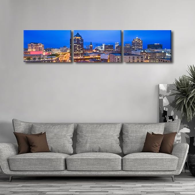 Native American Decor Skyline of Downtown Milwaukee Wall Art Cityscape Pictures Wisconsin, USA Panoramic Paintings Canvas City Skyline at Dusk Artwork Home Decor Framed Ready to Hang 14x60 Inch