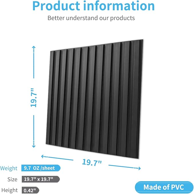 Art3d Slat Wall Panel, 3D Fluted Textured Panel 12-Tile 19.7 x 19.7in. - Cover 32 Sq.Ft., Black