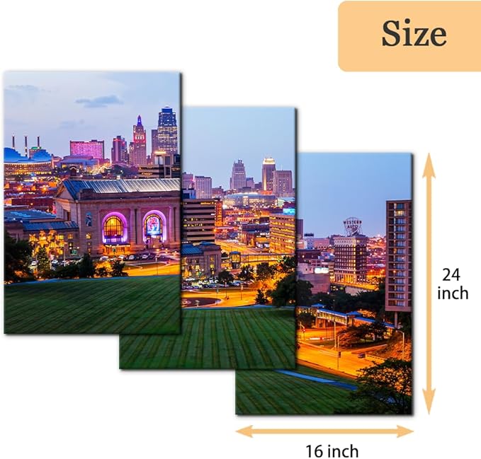 Pacimo Canvas Wall Art Union Station City Landscape Pictures Paintings Kansas Cityscape Modern Artwork Prints on Canvas Wall Decor for Living Room Bedroom Framed Ready to Hang - 16"x24"x3 Panels