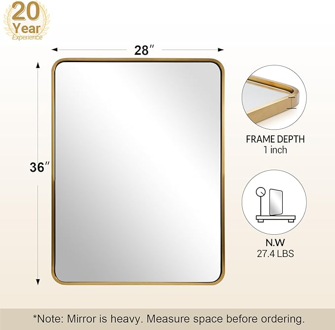 ANDY STAR 28x36 INCH Gold Mirror Bathroom, Brushed Gold Mirrors for Wall in Anti-Rust SUS304 Tube Metal Frame, Rounded Rectangle Mirrors 1’’ Deep Wall Mounted Vertically/Horizontal for Bathroom