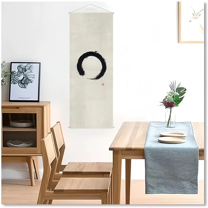 Japanese Tapestry Wall Art Scroll - Feng Shui & Lucky Symbols | W15.7xH47.2", Extra Long Vertical Hanging Decor for Bedroom, Living Room, Office | Zen Design (Enso-Circle) CTT-134