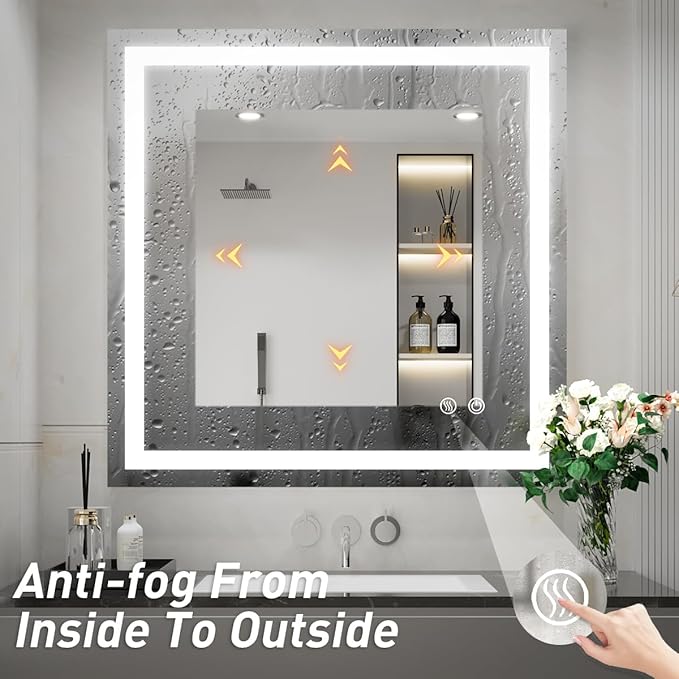 36X36 Inch LED Bathroom Mirror,Vanity Wall Mounted Anti-Fog Mirror,Dimmable Lighted Bathroom Mirror with Lights,Smart Touch Button+Memory Function+CRI90+High Lumen