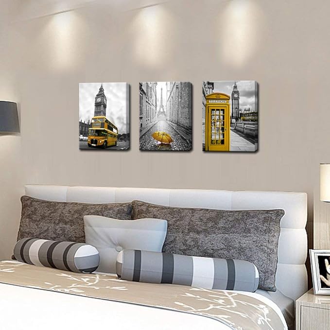 Biuteawal - 3 Panel City Wall Art Black and White Pairs Eiffel Tower with Yellow Umbrella Picture Prints London Big Ben Telephone Booth Bus Landscape Painting on Canvas for Living Room Bedroom Office