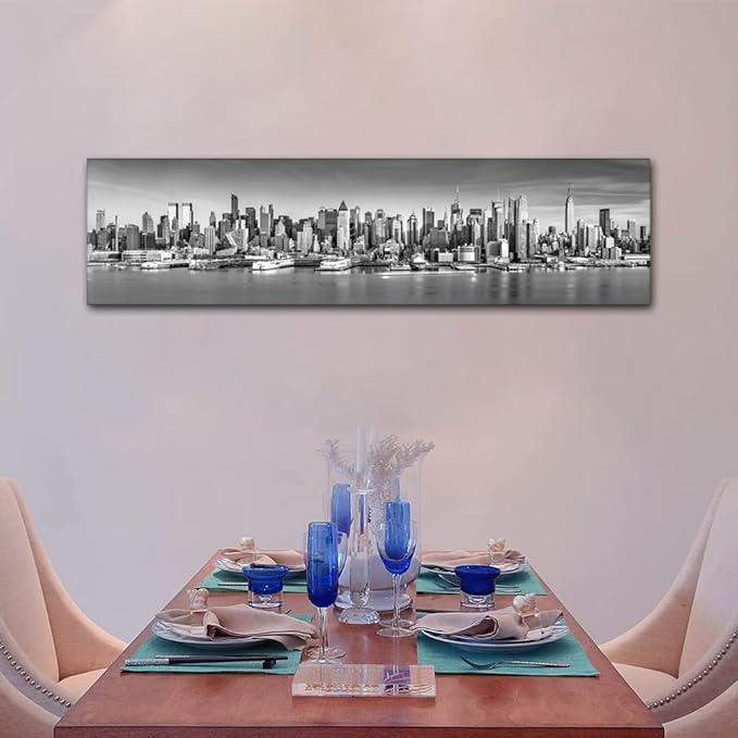 New York Wall Art Black and White City Panorama Cityscape Pictures Print On Canvas Urban Building Artwork Wall Art for Living Room Office Giclee Posters and Prints Framed Ready to Hang 12x46 Inch