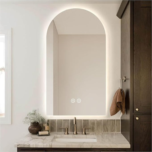 32" x 20" Arched LED Bathroom Mirror, Frameless, Backlit Vanity Mirror with Lights, Wall Mounted Lighted Mirror, Dimmable 3-Color Shatter-Proof Arch Smart Mirror, UL-Listed, CRI≥93