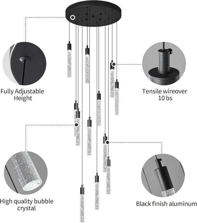 12-Light Modern Living Room Chandelier Black Crystal Ceiling Pendant Lights LED Dimmable 72W 6000K Staircase Large Chandeliers for Entryway Lobby Foyer High Ceiling Chandeliers