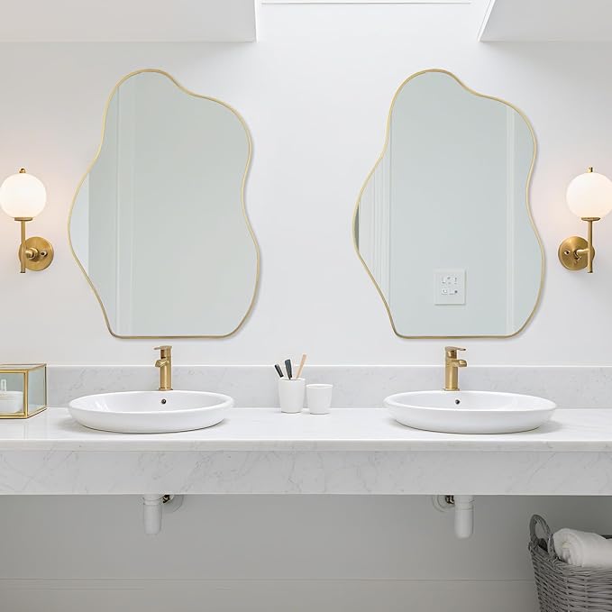BOMINICA Irregular Wall Mirror Asymmetrical Mirror, Decorative Wall Mirror Golden Wood Framed, Wall Mounted Mirror for Bathroom Living Room Entryway Bedroom Hallway (Gold, 20" x 28")