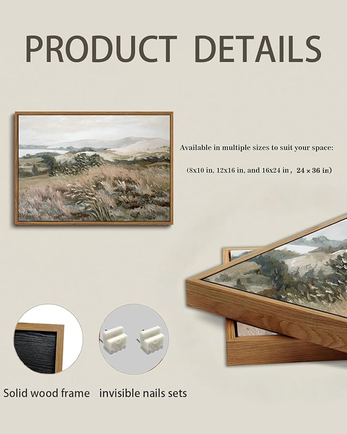 KISSFOX Vintage Landscape Canvas Wall Art Neutral Farmhouse Hills Lake Framed Wall Art Serene Countryside Paintings Artwork Rustic Art Prints For Bedroom Living Room