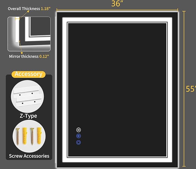 36"x55" LED Bathroom Mirror with Lights, Anti-Fog, Backlit + Front Lit, Dimmable, Led Vanity Mirror for Wall, Lighted Bathroom Mirror, 3 Colors, Shatter-Proof Tempered Glass