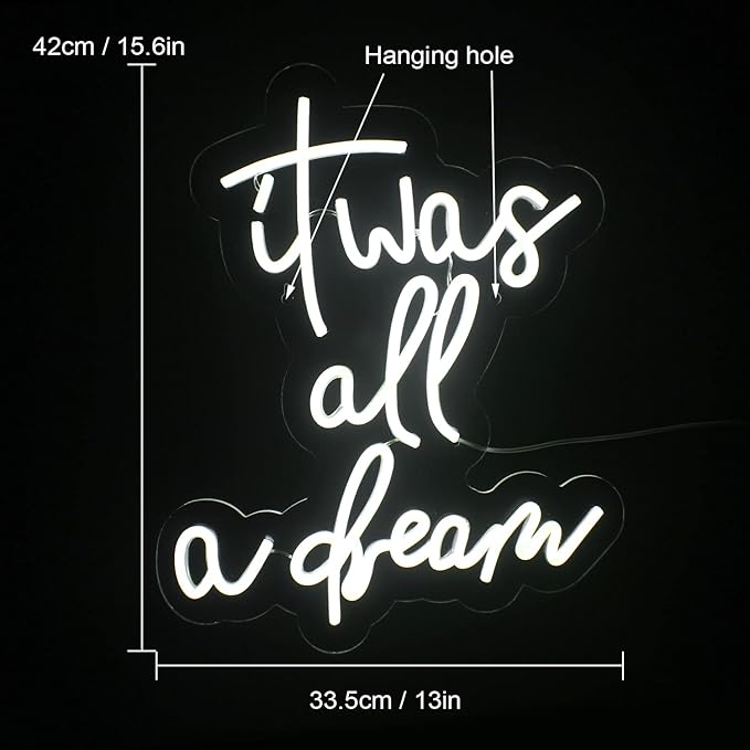 Lucunstar It Was All A Dream Neon Sign White Neon Sign For Room LED signs For Wall Decor LED Light Up Bedroom Club Office Hotel Pub Cafe Dream Neon Lights Wedding Birthday Party Room Decor