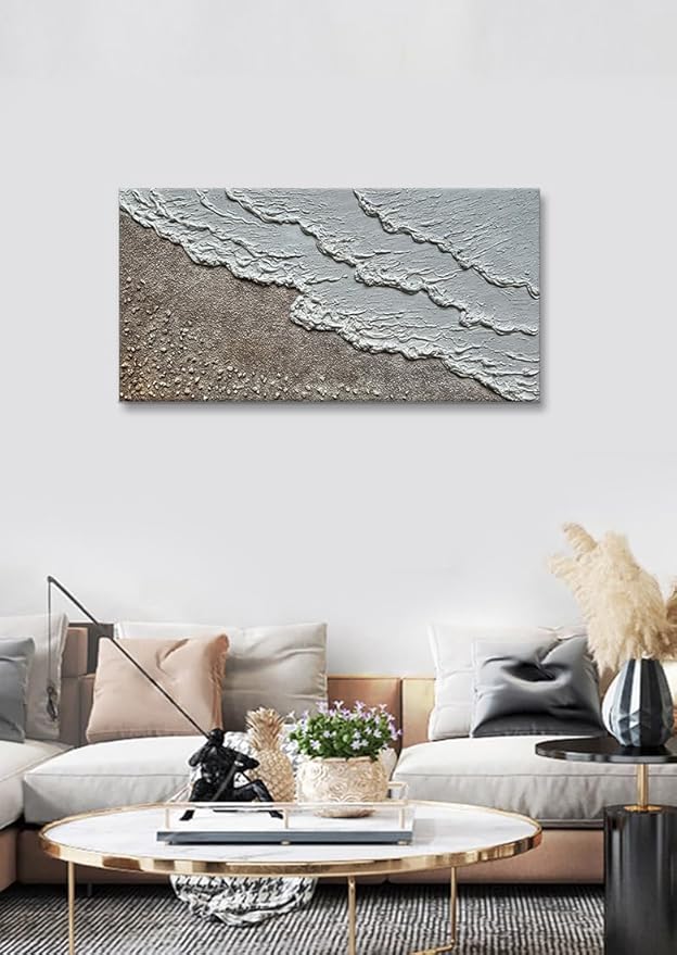 Large Oil Painting Hand-Painted Thick Texture Wave Beach Minimalist Modern Abstract Canvas Art Warm Acrylic Painting 24x48 Inches Home Office Wall Decoration