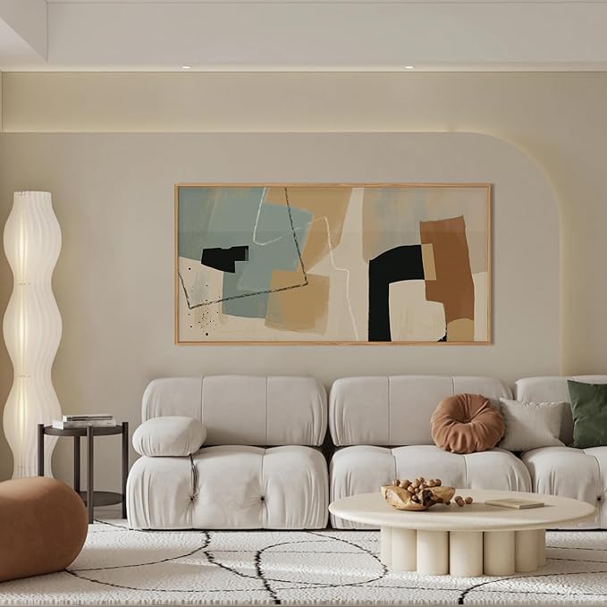 Abstract Neutral Framed Canvas Wall Art Set,Modern Color Block Geometric Wall Decor,Beige Minimalist Line Shape Artwork for Living Room,Bedroom-20 x40