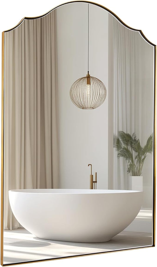 ANDY STAR Scalloped Arched Mirror, 24x36 Inch Brushed Gold Mantle Mirror with Stainless Steel Metal Frame, Modern Wall Mirrors for Bathroom, Bedroom, Fireplace, Living Room, Entryway Hangs Vertically
