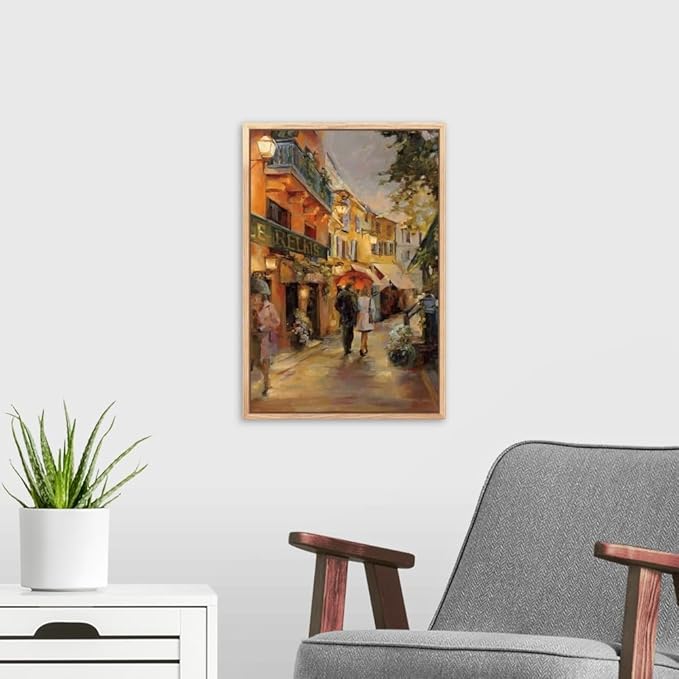 CANVAS ON DEMAND Evening in Paris Natural Wood Float Framed Canvas Wall Art Print by Marilyn Hageman, Traditional, Home Decor, Street Scene Artwork, Nature Artwork, 12" x18in