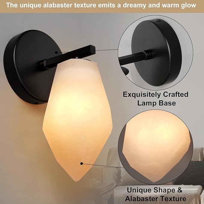 Alabaster Wall Sconce Set of Two, Spanish Marble Wall Light, Modern Wall Sconce for Bedroom, Hardwired Wall Lighting for Living Room, Wall Lamp for Bathroom Hallway Stairs, Black