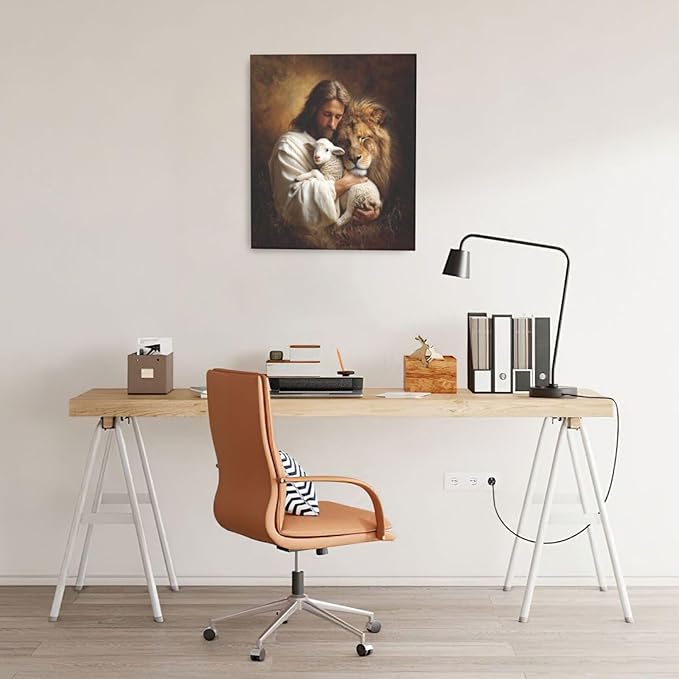 Jesus Lion Lamb Wall Art Christian Jesus Wall Decor Lion of Judah Pictures Religious God Canvas Painting Print Christ Artwork Decoration for Living Room Bedroom Church Framed Gifts 20”X24”