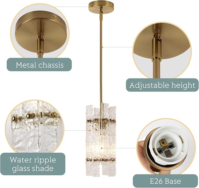 Modern Crystal Pendant Light for Kitchen Island, Gold Luxury Mini Water Ripple Glass Chandelier Lights Fixture, Modern Square Adjustable Hanging Pendant Lighting for Dining Room Bedroom (3-Pack)