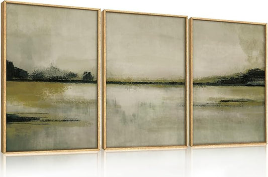 KAIRNE Large Neutral Abstrcat Landscape Wall Art Set, 3 piece Abstrcat Mountain Lake Wall Decor, Neutral Tan Scenery Wall Painting, Nature Landscape Art Print for Bedroom, Living Room, Office 16"x24"