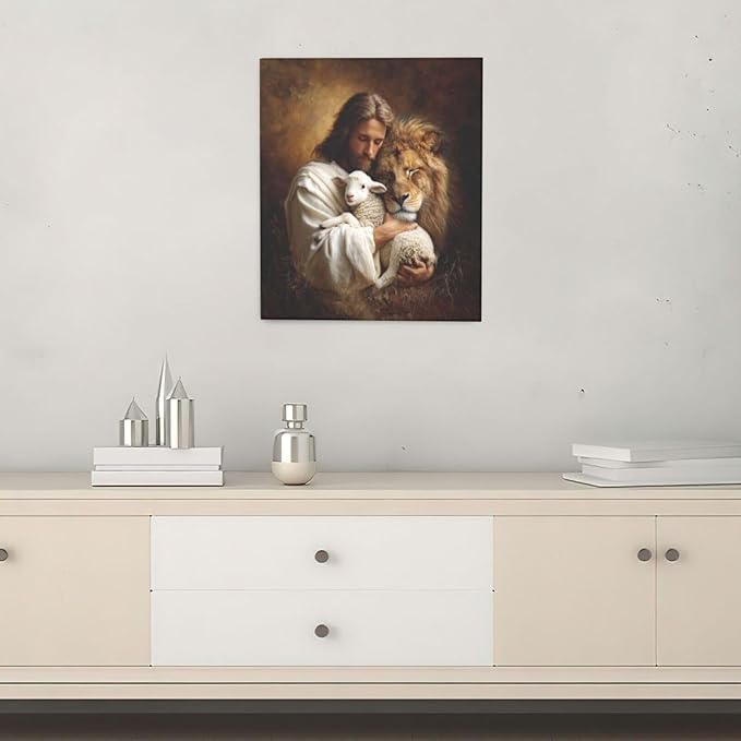 Jesus Lion Lamb Wall Art Christian Jesus Wall Decor Lion of Judah Pictures Religious God Canvas Painting Print Christ Artwork Decoration for Living Room Bedroom Church Framed Gifts 20”X24”