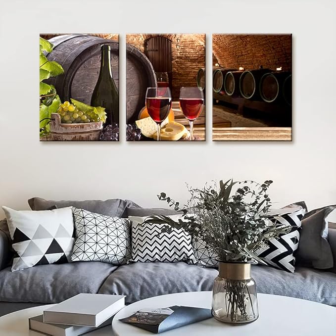 Kitchen Wall Art Red Wine Cellar Pictures Wooden Barrel and Fruit Grape Painting for Living Room 3 Panel Canvas Artwork House Modern Decor Giclee Posters Prints Framed Ready to Hang - 12 x 16 inch x 3