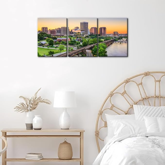 Pacimo Canvas Print Wall Art Set Richmond Skyline Giclee Poster Gallery Wrapped Virginia Cityscape Modern Artwork for Living Room Bedroom Office Stretch and Framed Ready to Hang - 12"x16"x3 Panels
