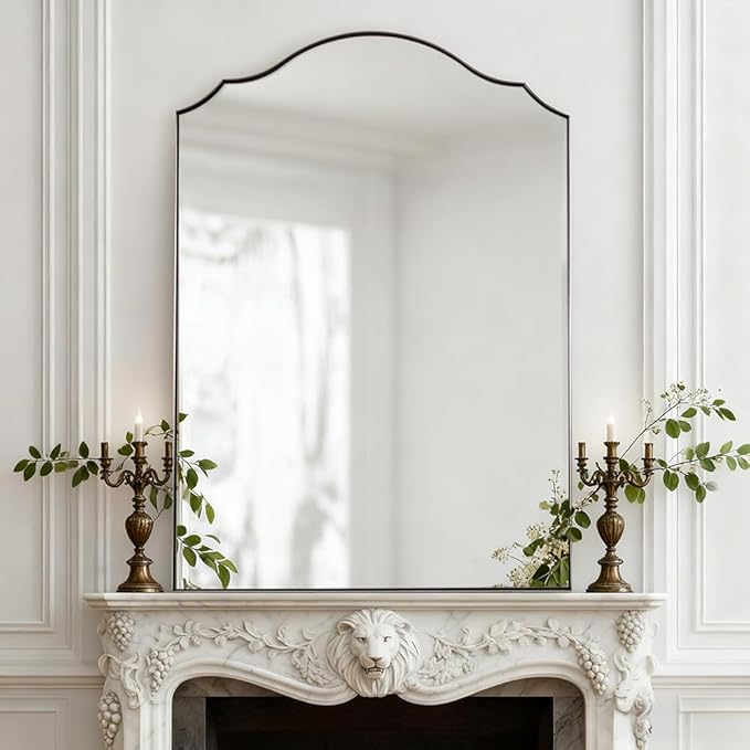 ANDY STAR Scalloped Arched Mirror, 24x36 Inch Brushed Nickel Mantle Mirror with Stainless Steel Metal Frame, Modern Silver Wall Mirrors for Bathroom, Living Room, Entryway, Wall Mounted Vertically