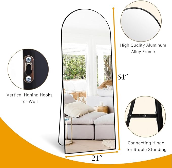 Arched Full Length Mirror, 64"x21" Large Floor Mirrors with Stand, Full Body Mirror for Leaning Hanging, Standing Mirrors for Bedroom, Living Room,Dressing Room, Aluminum Alloy Frame, Black