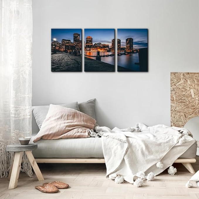 Pacimo Canvas Print Wall Art Set Boston Harbor Pictures Painting Realism Contemporary Cityscape Skyscrapers Modern Artwork for Living Room Bedroom Office Stretch and Framed - 12"x16"x3 Panels