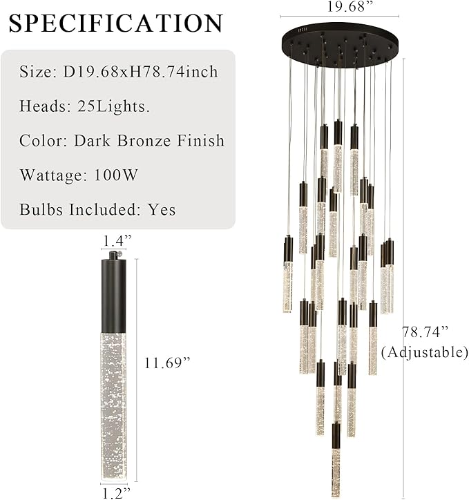 Black Crystal Chandeliers, Large Dimmable Hanging Lamps, Round LED Raindrop Ceiling Pendant Light Fixtures for Dining Room Staircase Living Room Farmhouse