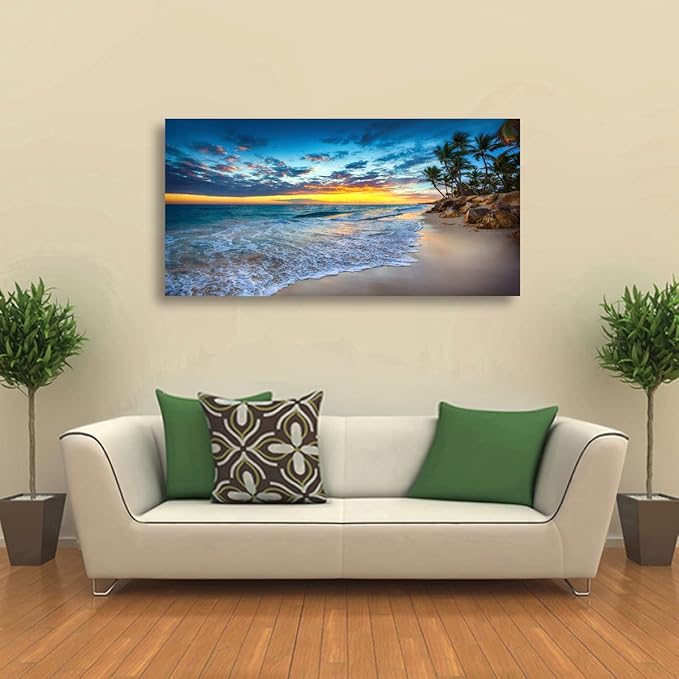 Beach Sunset Pictures Canvas Wall Art For Living Room Bedroom Wall Decor,Sunset Wall Art Print Paitnings for Home Decor,Morden Artwork Palm Coconut Tree Canvas Art Ready to Hang-20X40Inches