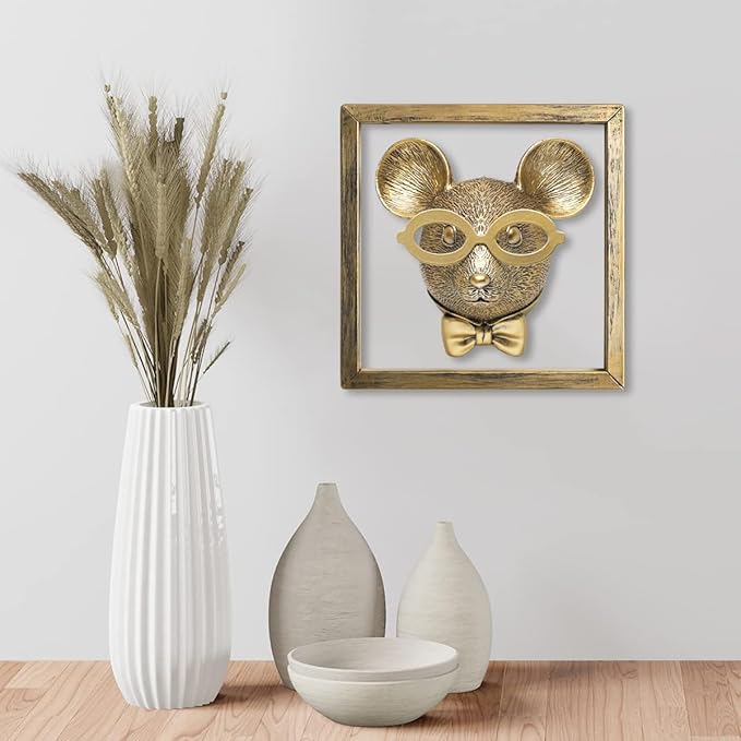 Newinhome Animal Heads Wall Decor (Includes Metal Frame) Resin Animals Sculptures Head Wall Hanging Decoration Gold vintage Wall Sculpture for Living Room Bedroom Office(Rat)