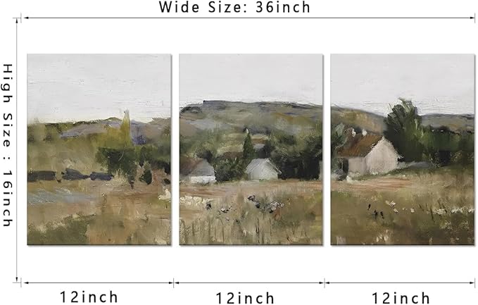 3 Pieces Neutral Landscape Split Print Country Wall Art Canvas Wall Art Vintage Outskirts Painting Prints for Farmhouse & Bedroom Decor Bathroom Framed Ready to Hang-12x16inchx3Pcs