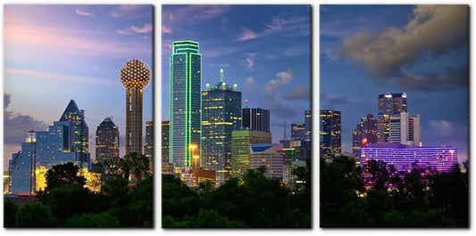 Pacimo Canvas Art Wall Decor Dallas City Skyline Pictures Landscape Painting Prints Texas Cityscape Modern Artwork Decoration for Home Decor Stretch and Framed Ready to Hang - 20"x28"x3 Panels
