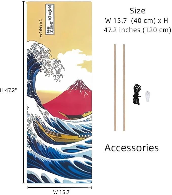 Japanese Scroll Oriental Wall Art Decor, Long Vertical Tapestry, Ukiyo-e The Great Wave Off Kanagawa by Hokusai - W15.7" x H47.2" - for Living Room,Bedroom,or Office Sushi bar Asian Restaurant CTT-18